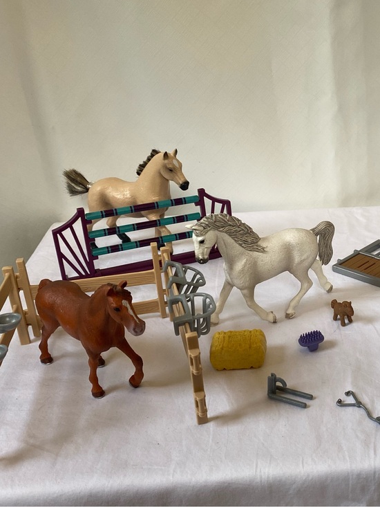schleich Other - Schleich Set of 3 Horse Figures Plus Jump Bar Pen Grooming Accessories